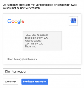 Google bedrijvenpagina briefkaart